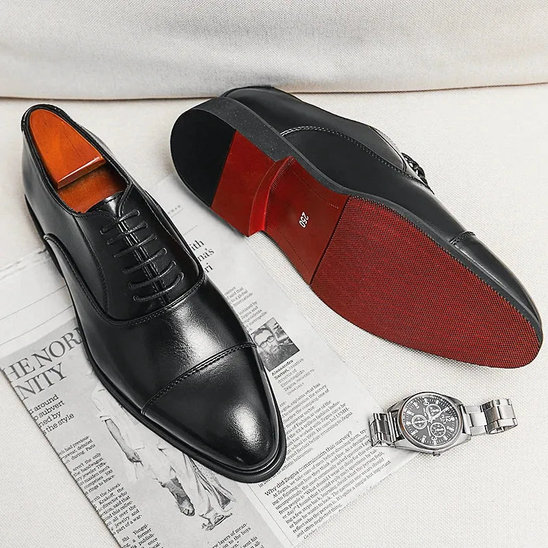 Black Men's Italian Leather Oxford Shoes — Hugo Cap Toe Business Formal - Sole View Styled