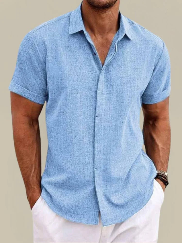 Light Blue Men's Linen Button-Up Short Sleeve Shirt — Carter Breathable Lightweight - Front Pose