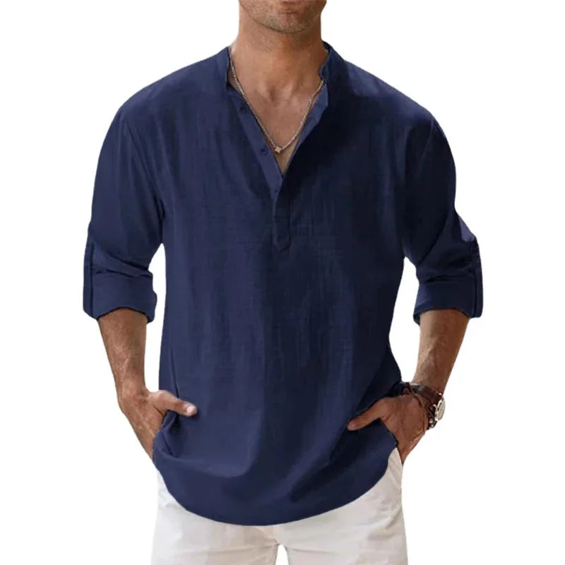 Navy Blue Men's Linen Henley Summer Shirt — Brody Button Neck Relaxed - Front Standing