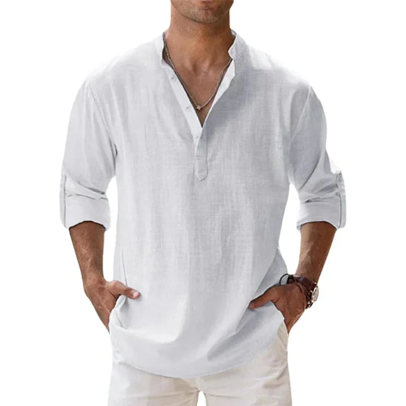 White Men's Linen Henley Summer Shirt — Brody Button Neck Relaxed - Relaxed Pose