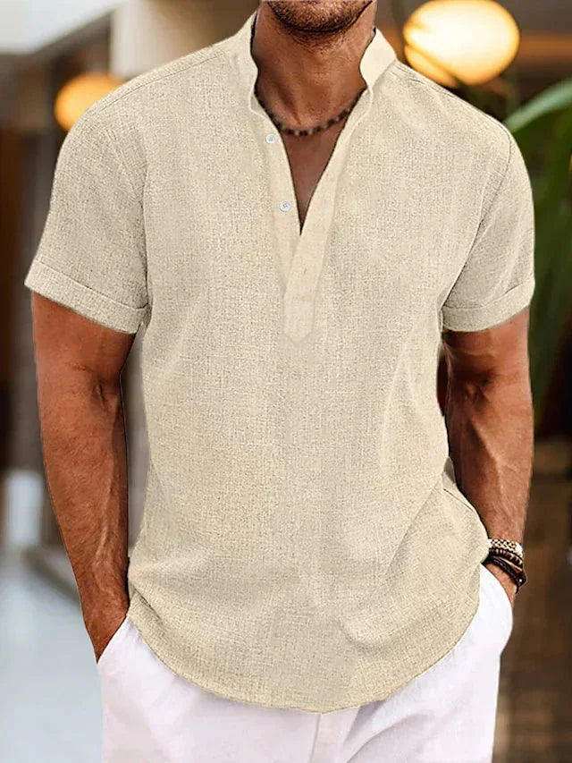 Beige Men's Linen V-Neck Polo Shirt with Short Sleeves — Jack Button-Front Casual - Relaxed Stance