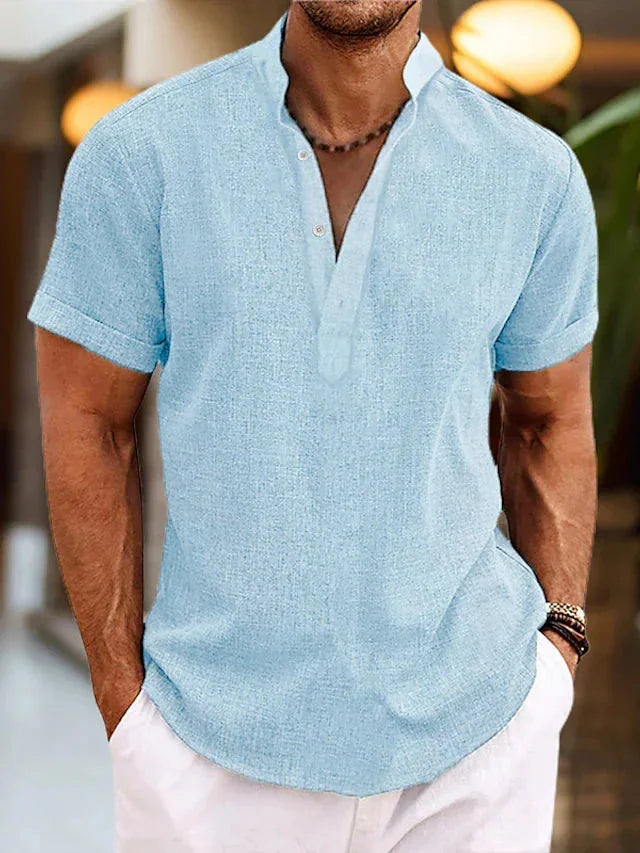 Light Blue Men's Linen V-Neck Polo Shirt with Short Sleeves — Jack Button-Front Casual - Front Pose