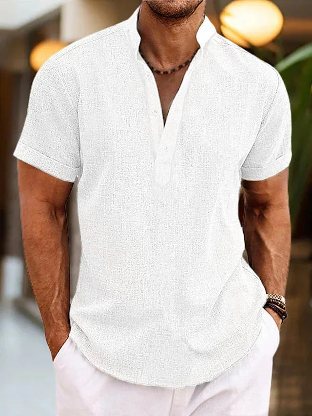 White Men's Linen V-Neck Polo Shirt with Short Sleeves — Jack Button-Front Casual - Studio