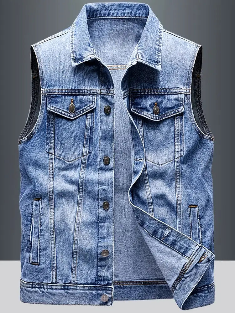 Royal Blue Men's Denim Vest — Owen Multi-Pocket Sleeveless Jacket - Flat Lay Front