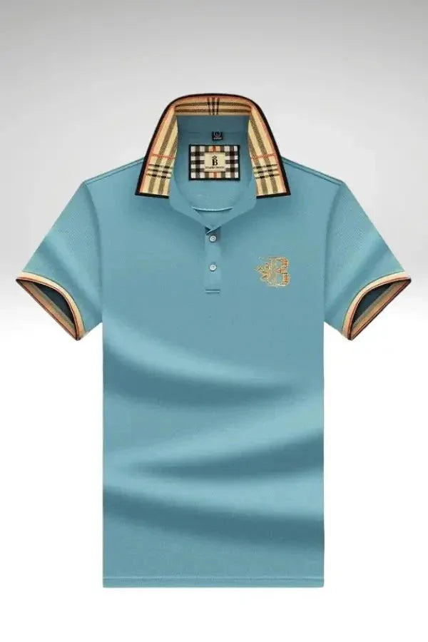 Light Blue Men's Polo Shirt — Alfie Plaid Collar Short Sleeve - Brooks Front Lifestyle