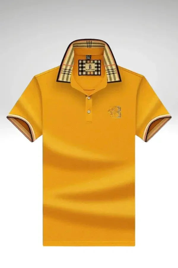 Yellow Men's Polo Shirt — Alfie Plaid Collar Short Sleeve - Brooks Front Chest Logo