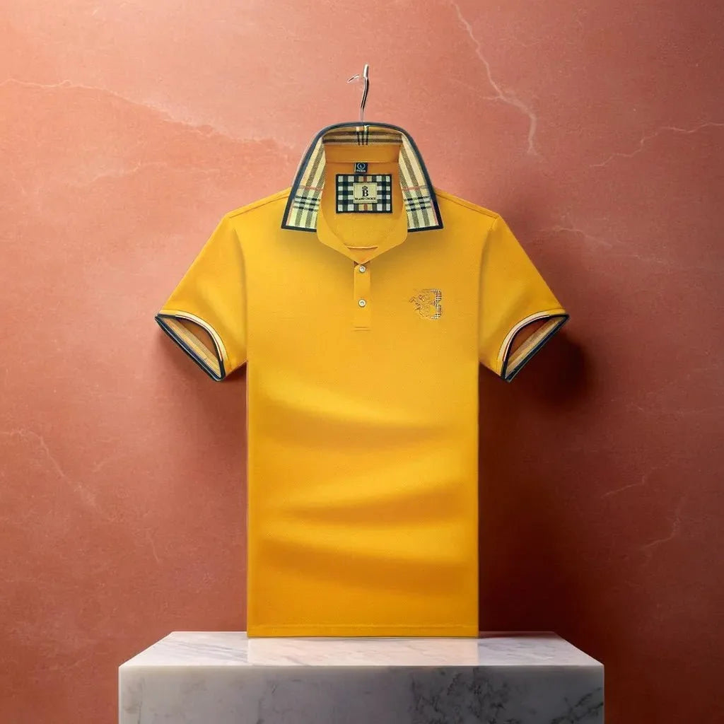 Yellow Men's Polo Shirt — Alfie Plaid Collar Short Sleeve - Brooks Hanging Display