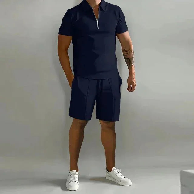 Navy Blue Men's Polo and Shorts Two-Piece Set — Theo Zip-Up Collar Athletic - Athletic Style