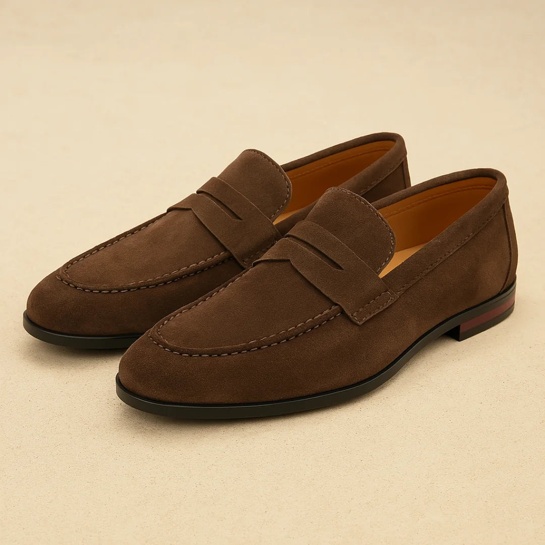 Brown Men's Slip-On Casual Loafers — Elliot Strap Suede - Studio Pair