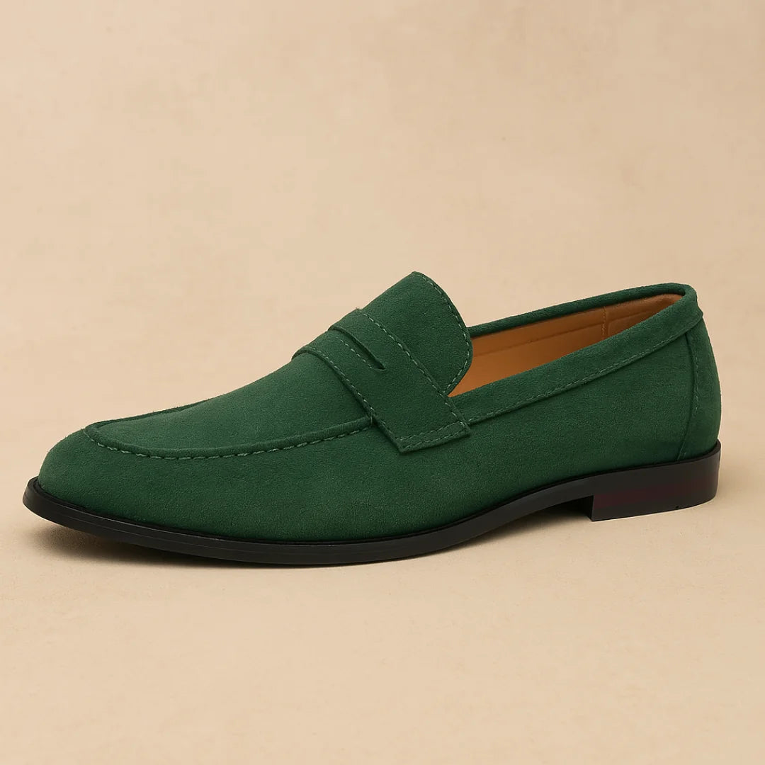 Green Men's Slip-On Casual Loafers — Elliot Strap Suede - Front Angle