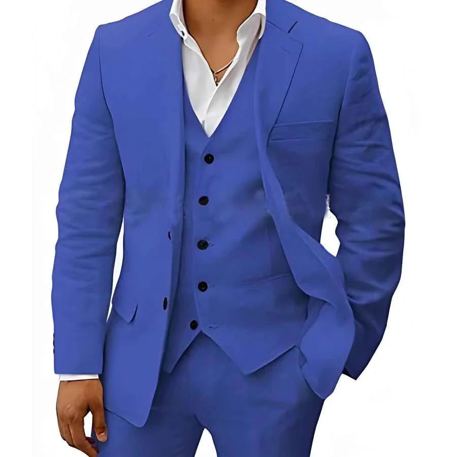 Blue Men's Three-Piece Linen Wedding Suit — Wyatt Formal Lapel - Vibrant Front