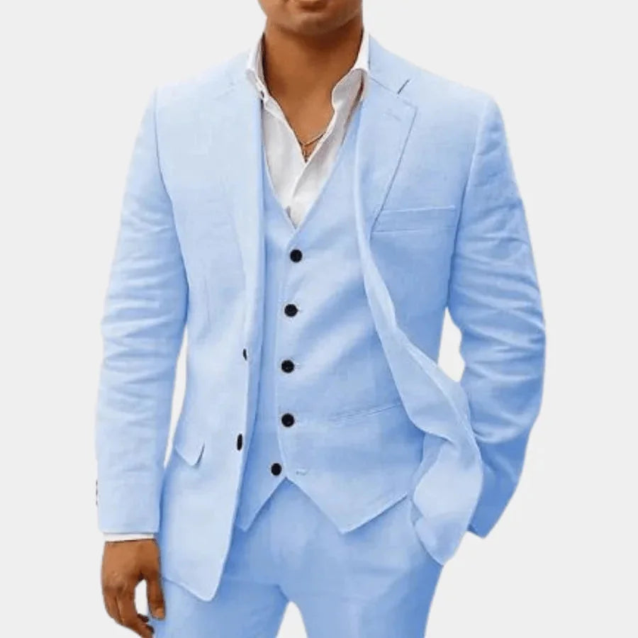 Light Blue Men's Three-Piece Linen Wedding Suit — Wyatt Formal Lapel - Soft Front