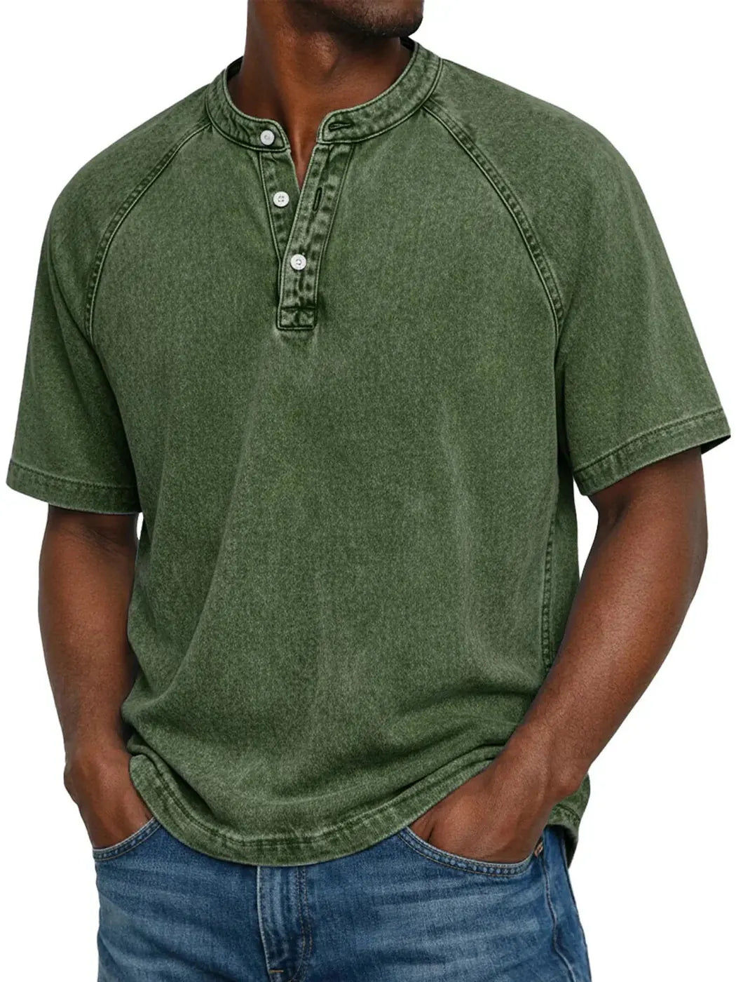 Dark Green Men's Washed Henley Shirt — Finn Short Sleeve Casual - Front Styled