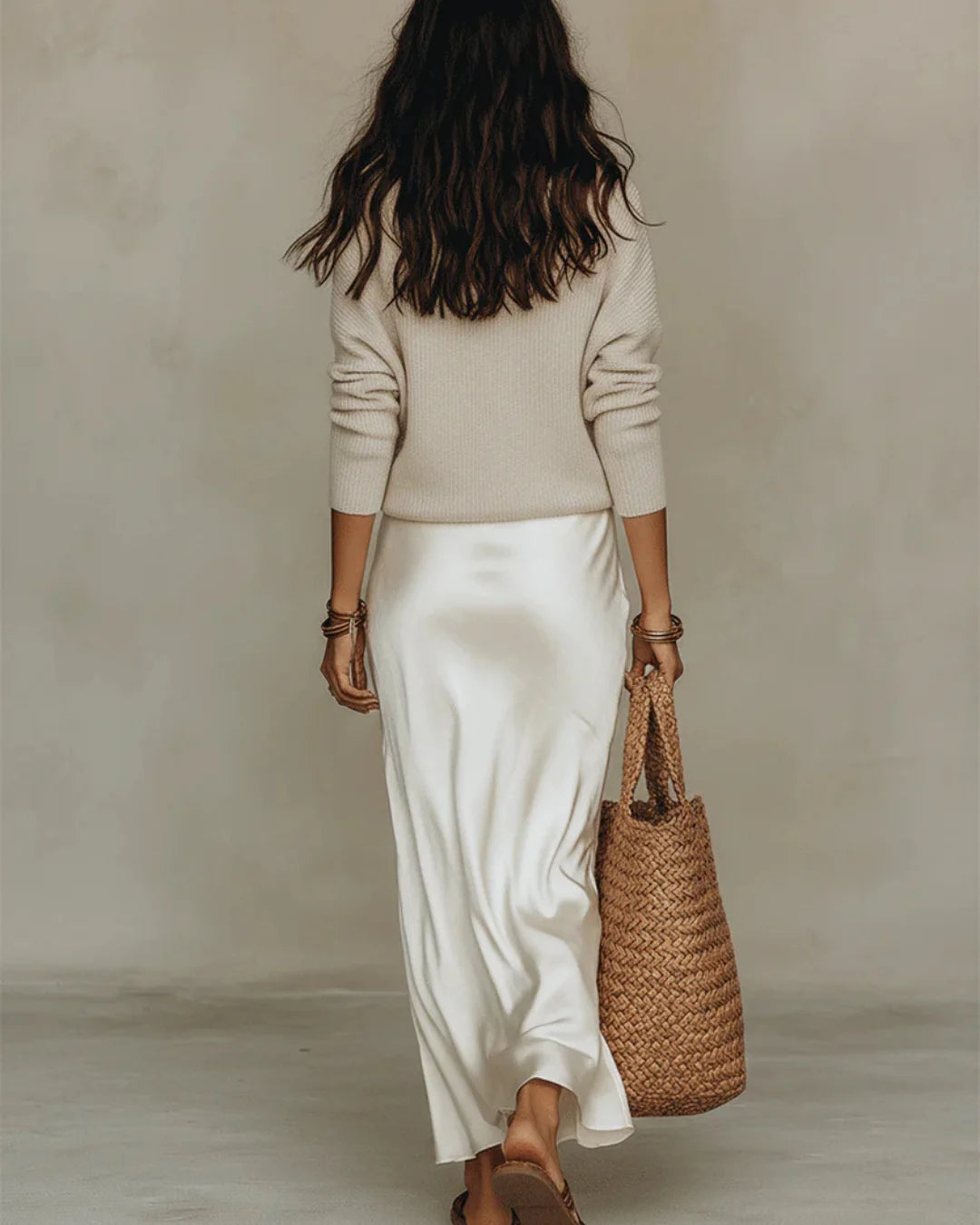White Women's Midi Satin Dress with Included Sweater — Jamie V-Neck Two-Piece - Back Detail