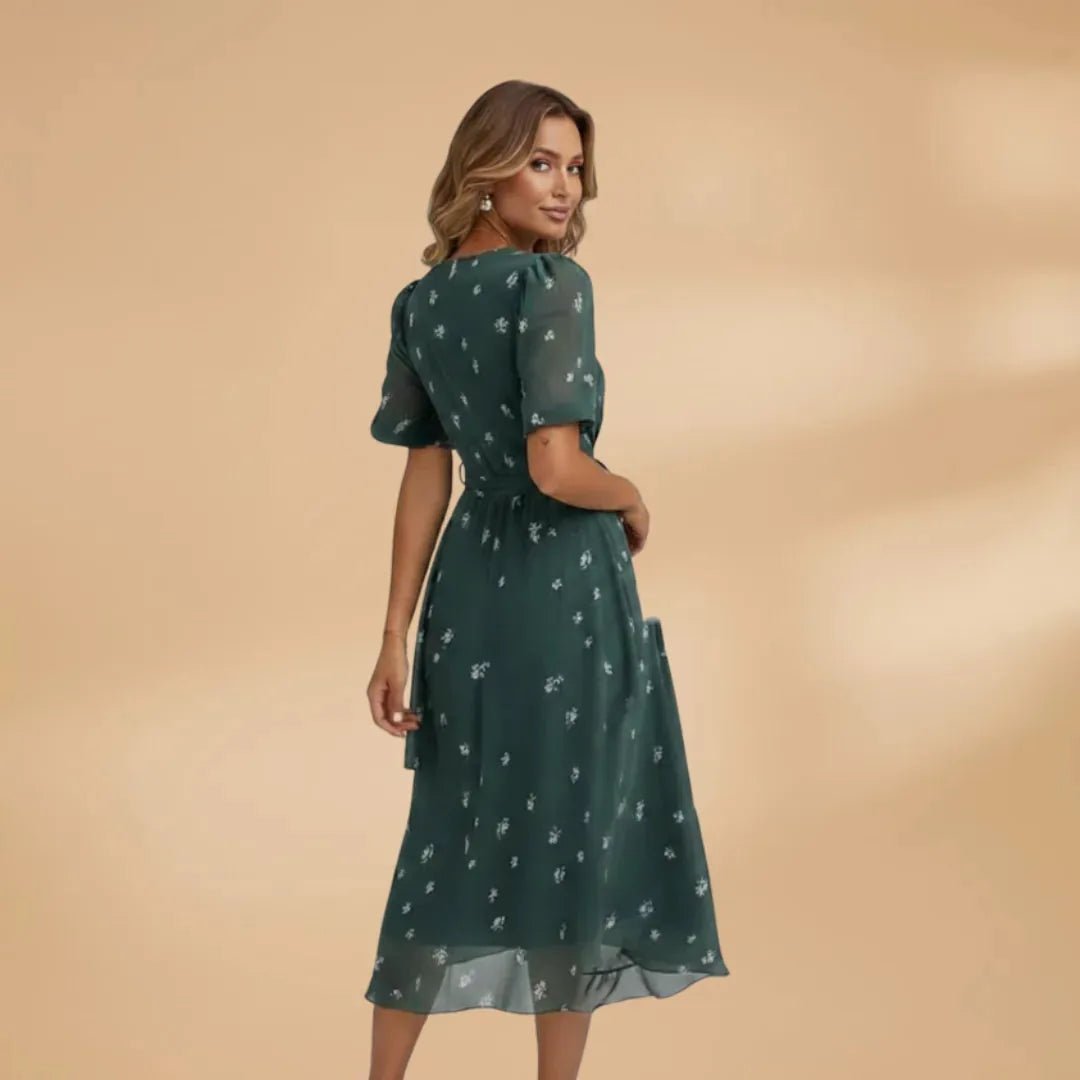 Grace | Chic Midi Wrap Dress with V - Neck and Tie Waist - Dark Green - 5