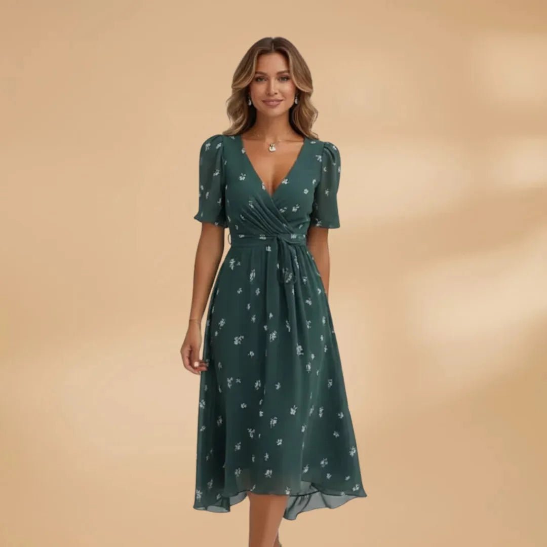 Grace | Chic Midi Wrap Dress with V - Neck and Tie Waist - Dark Green - 2