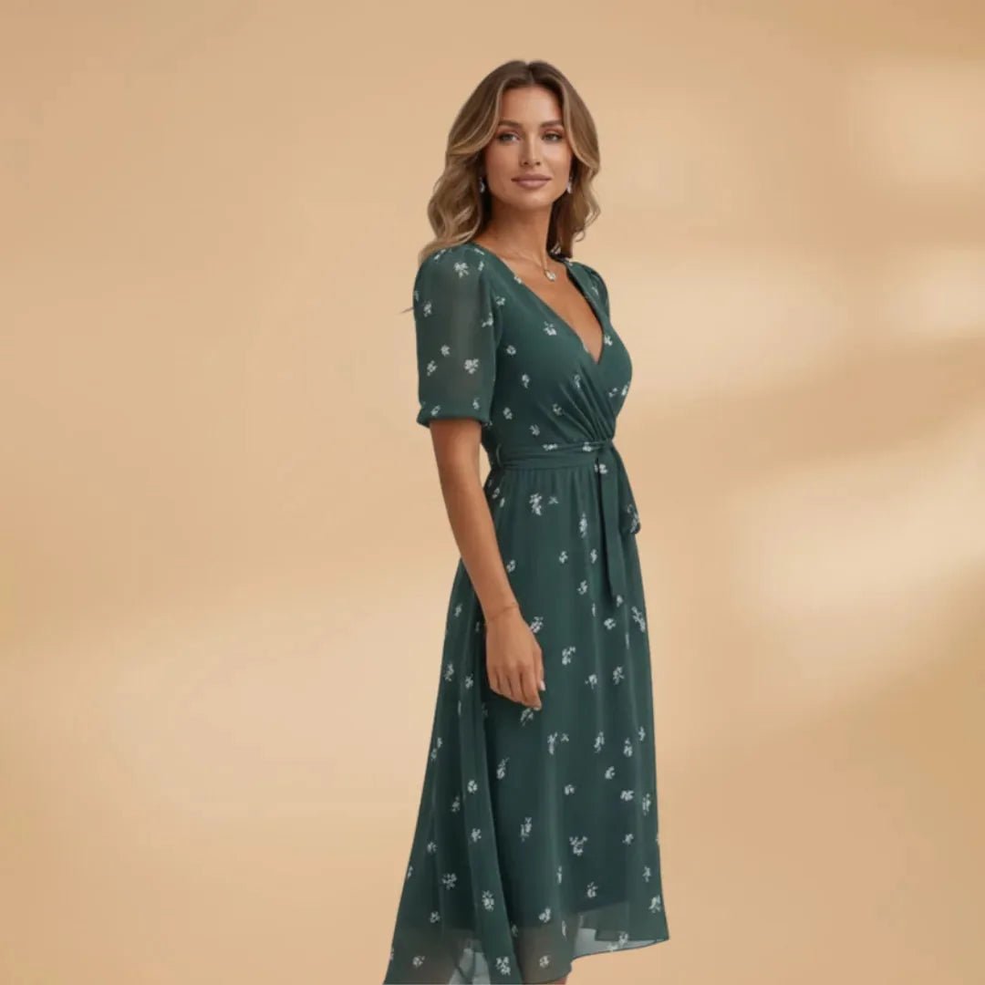Grace | Chic Midi Wrap Dress with V - Neck and Tie Waist - Dark Green - 4