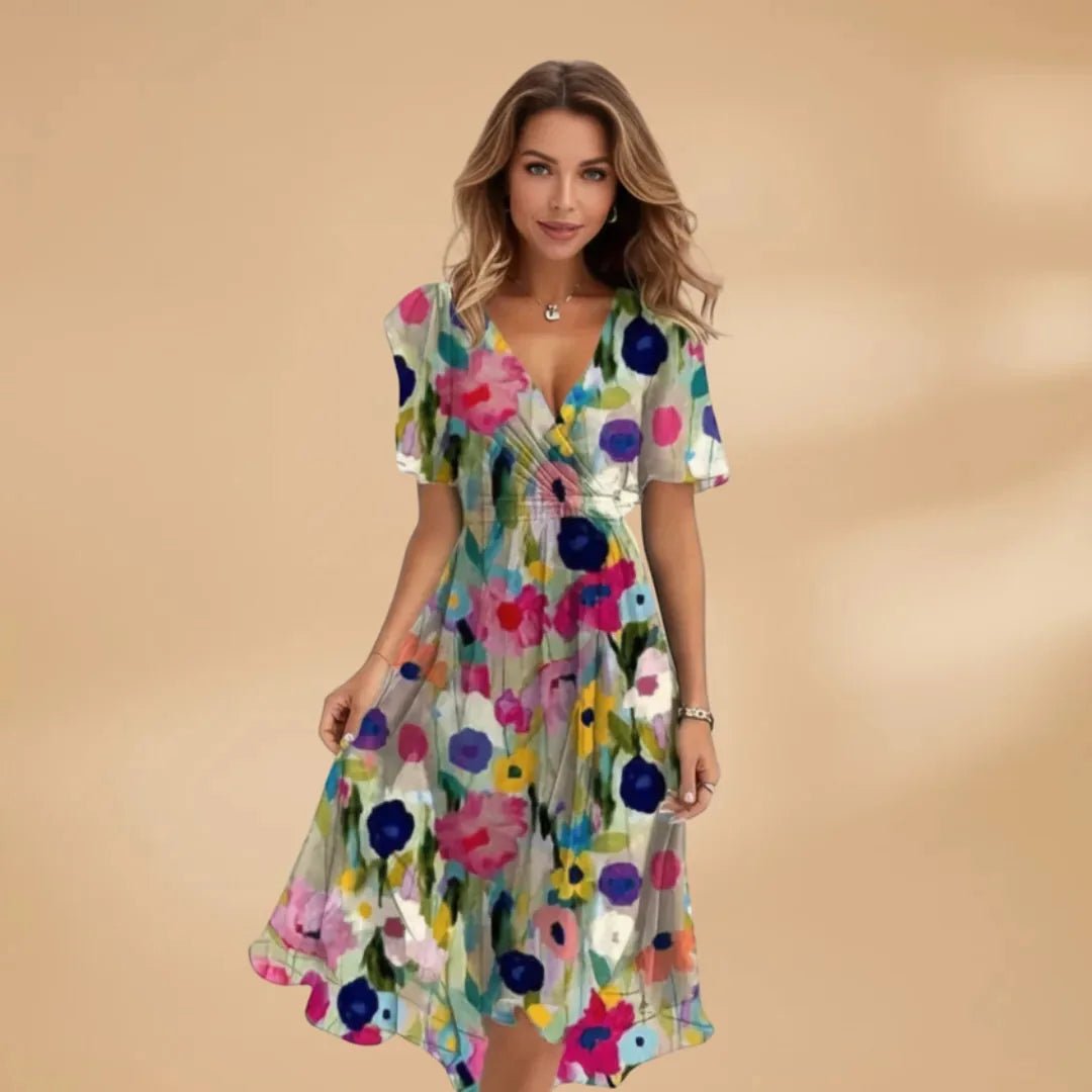 Grace | Chic Midi Wrap Dress with V - Neck and Tie Waist - Multicolor - 6