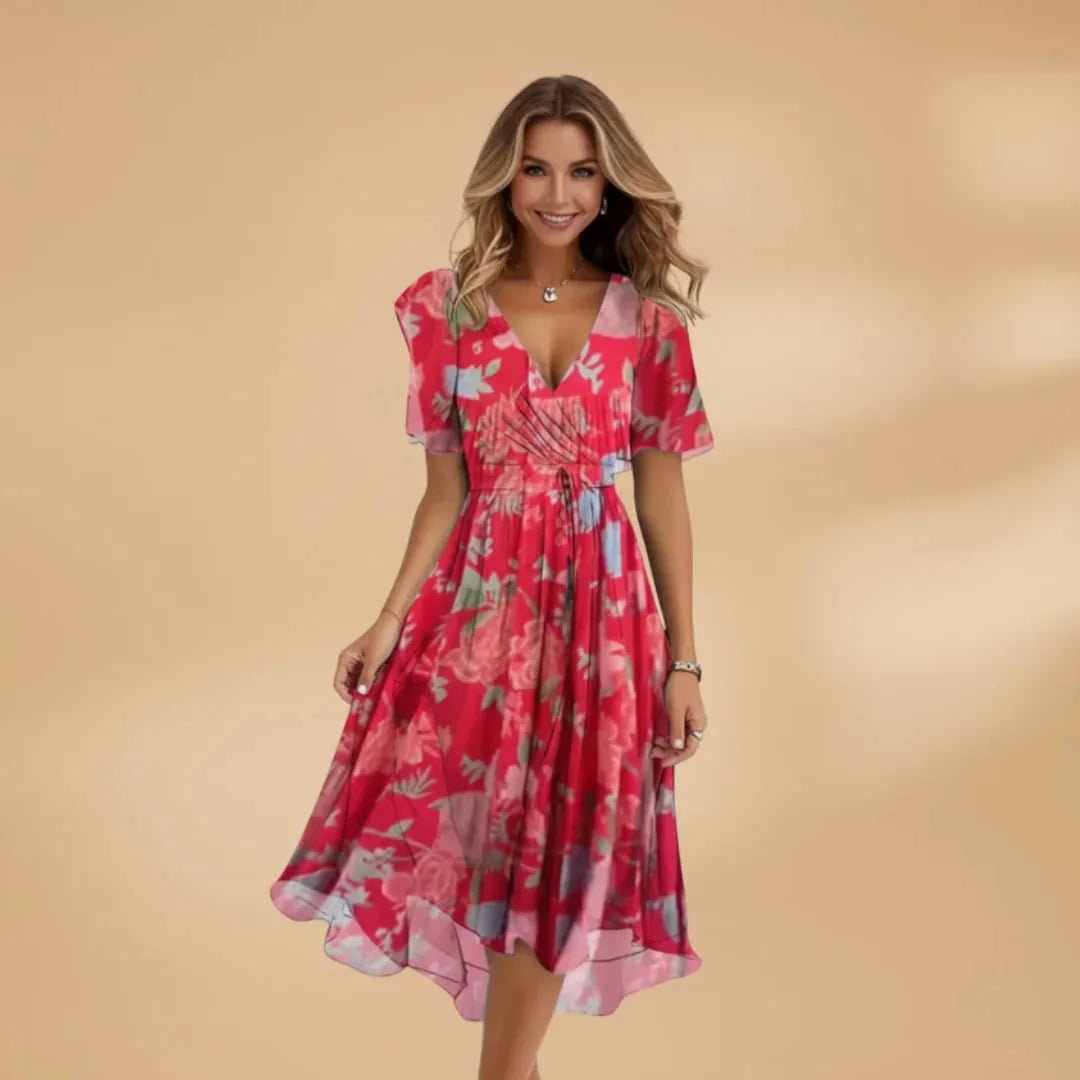 Grace | Chic Midi Wrap Dress with V - Neck and Tie Waist - Red - 7