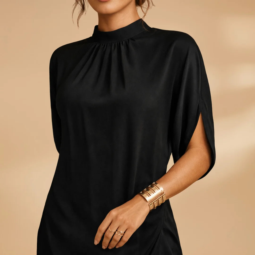 Black Women's Mock Neck Short Sleeve Shift Dress — Stella Wrap Hem - Close Up Neckline