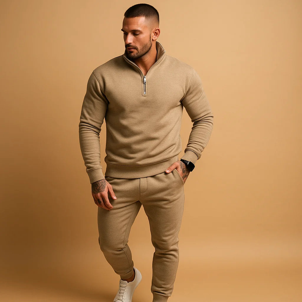 Khaki Men's Modern Tracksuit Set — Harvey Quarter-Zip Stretch Casual - Front Full