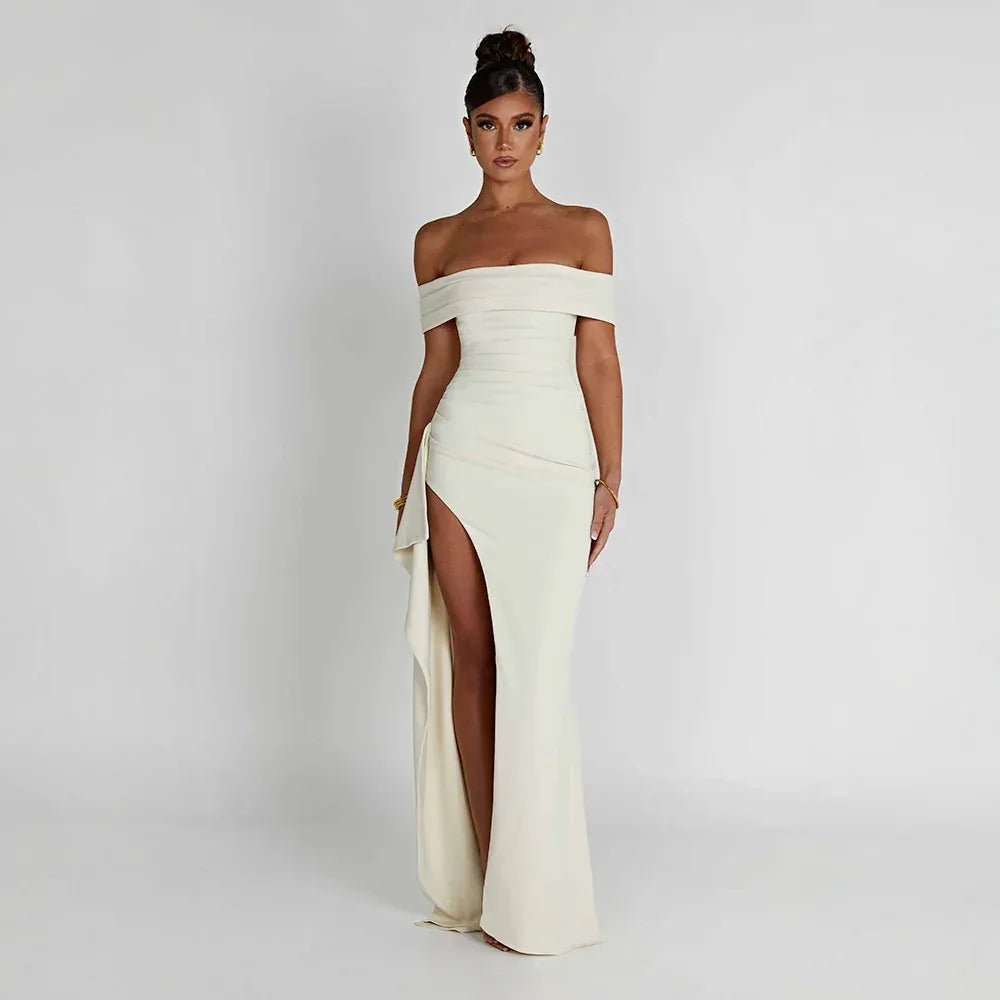 Rhea | Elegant Off Shoulder Maxi Dress with High Slit - Cream - 10