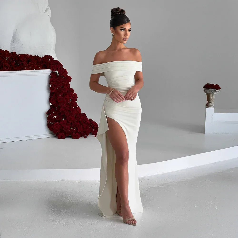 Rhea | Elegant Off Shoulder Maxi Dress with High Slit - Cream - 12