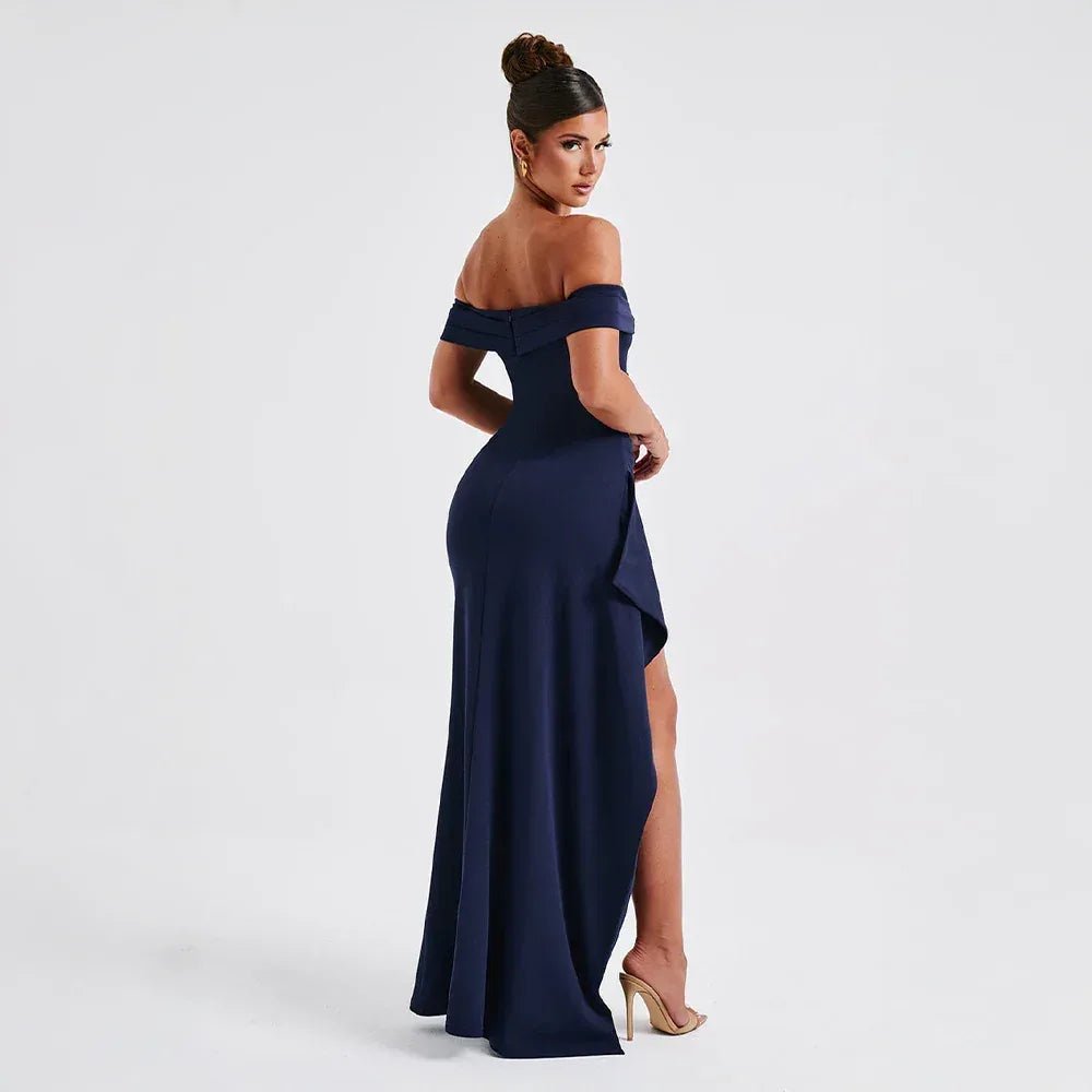 Rhea | Elegant Off Shoulder Maxi Dress with High Slit - Navy Blue - 6