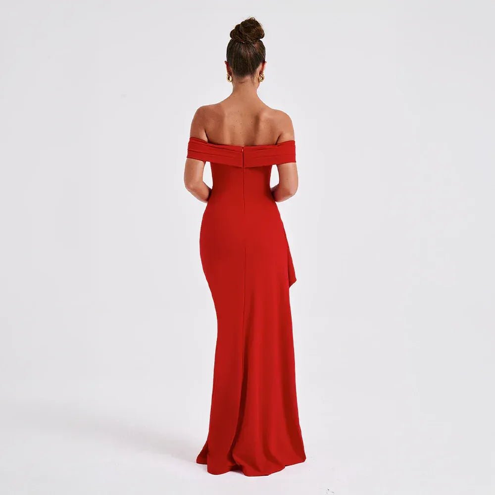 Rhea | Elegant Off Shoulder Maxi Dress with High Slit - Red - 8