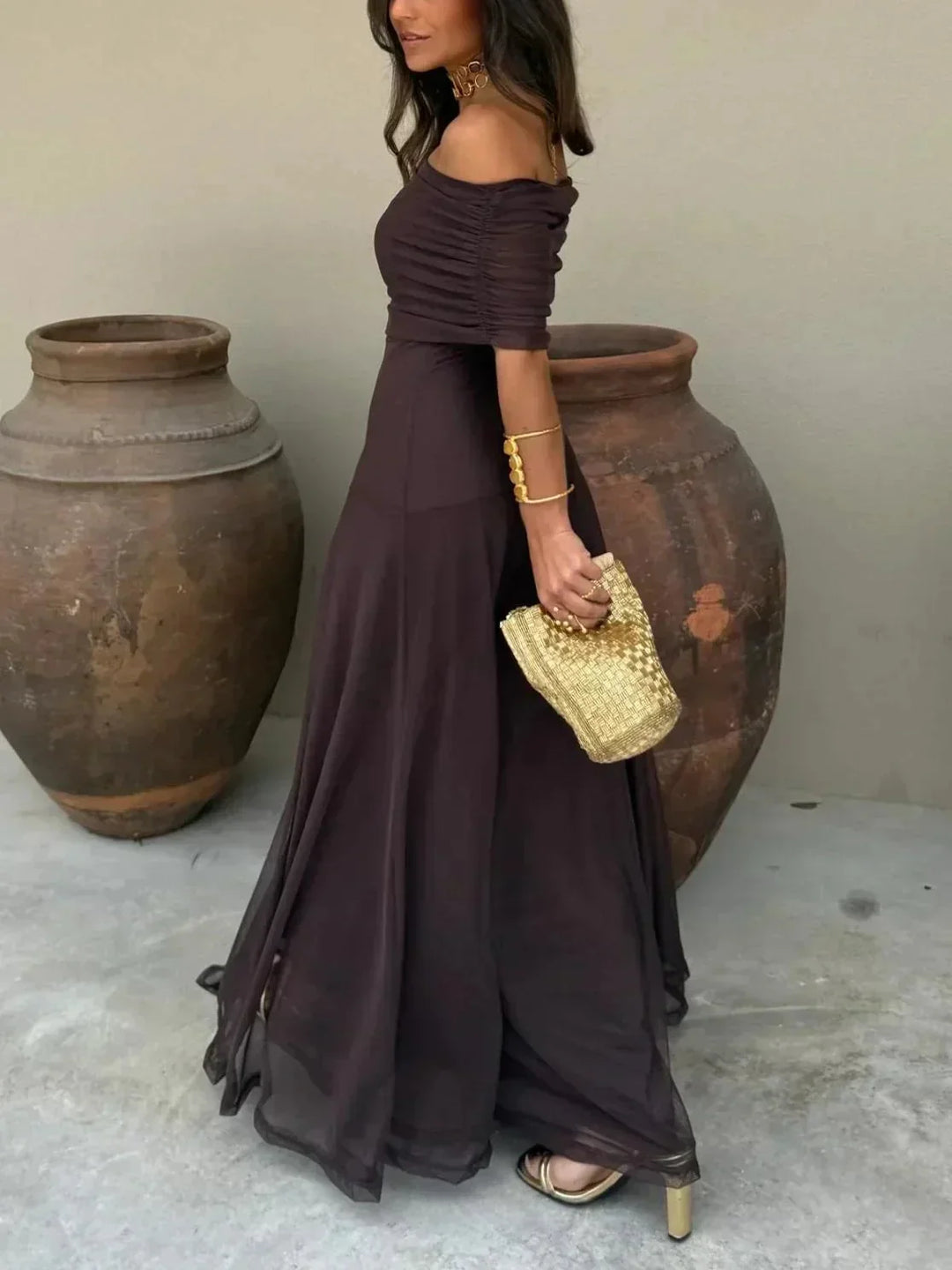 Brown Women's Brown Off Shoulder Maxi Dress — June Ruched Elegant - Back Pose