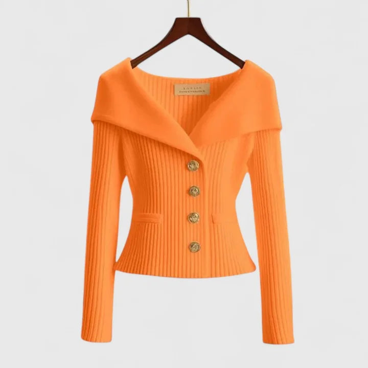 Orange Women's Off-Shoulder Sweater — Lexi Ribbed Button-Front Fitted - Front Detail