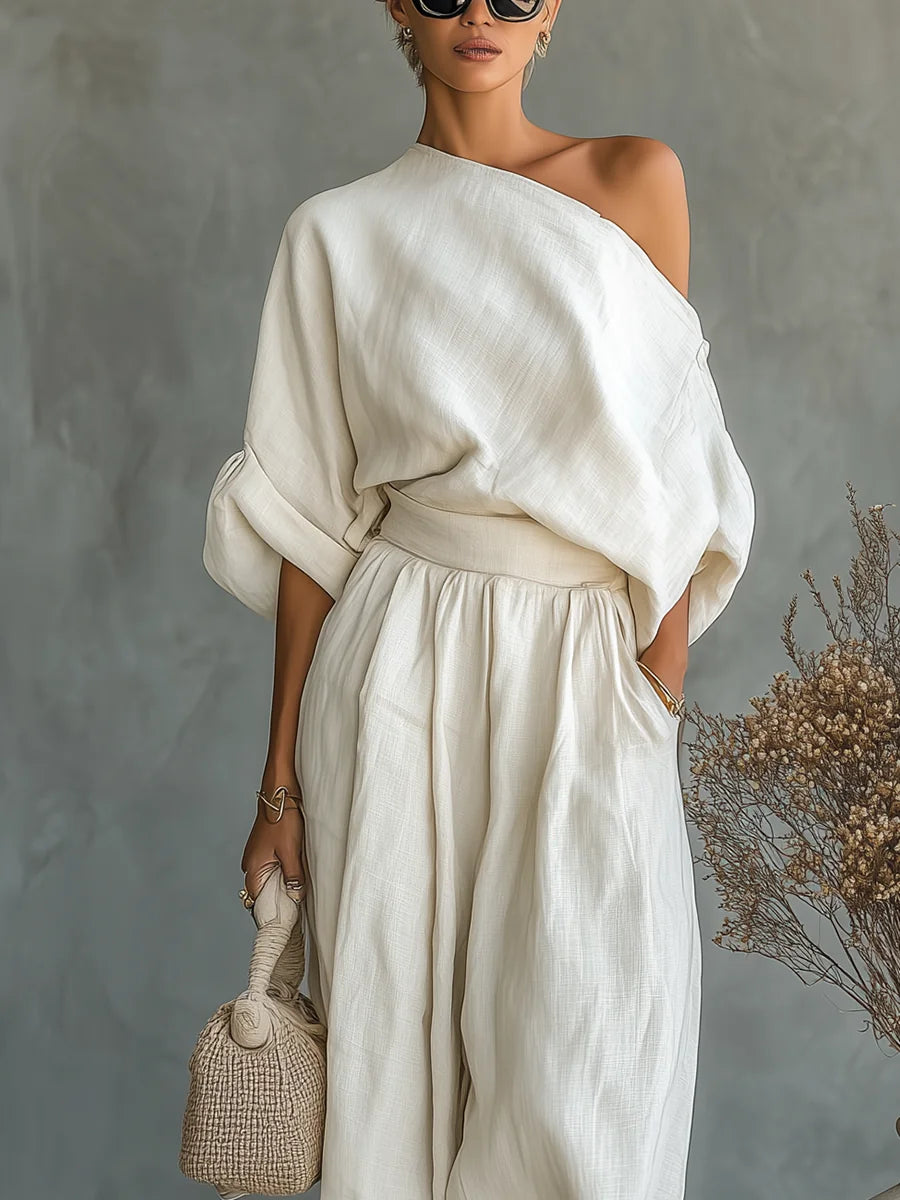 Off White Women's Off-Shoulder Set with Top and Pants — Lottie Belted Relaxed Fit - Front Detail