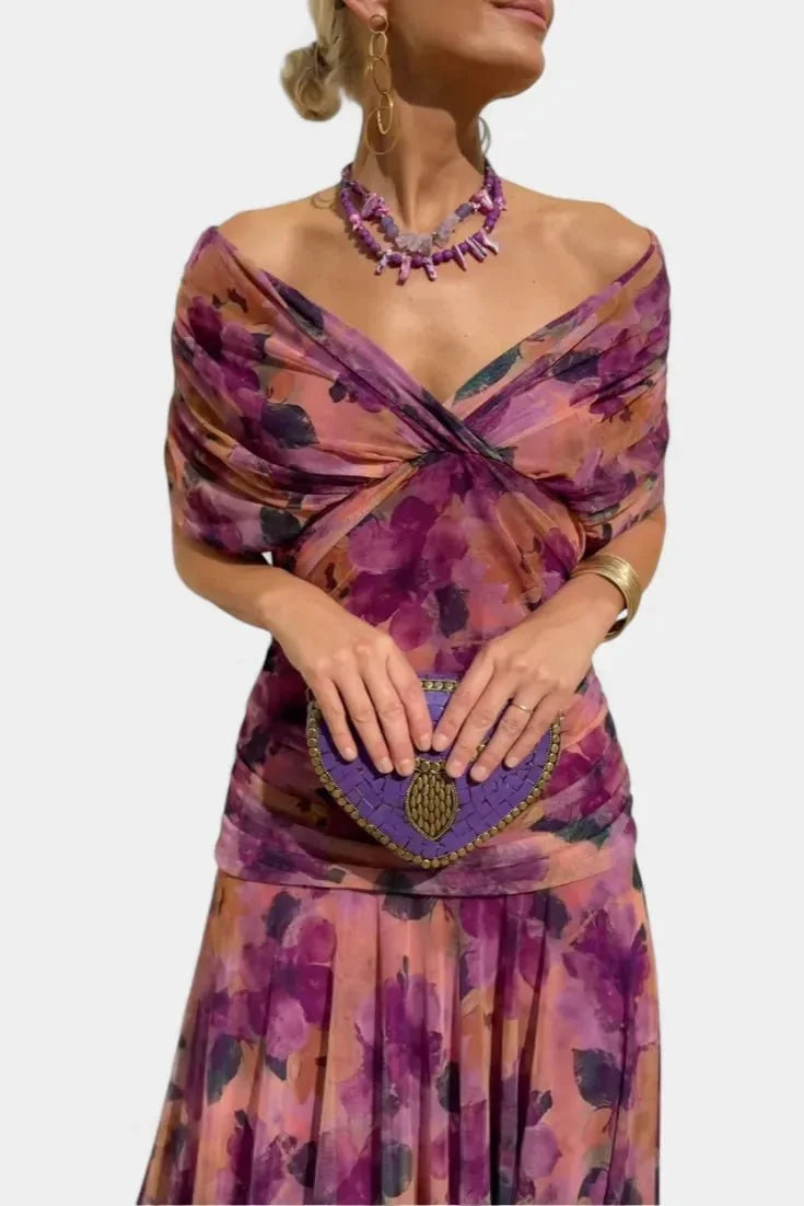 Purple Women's Floral Off-Shoulder Wedding Guest Dress — Cosette Tiered Midi Wrap - Front Detail