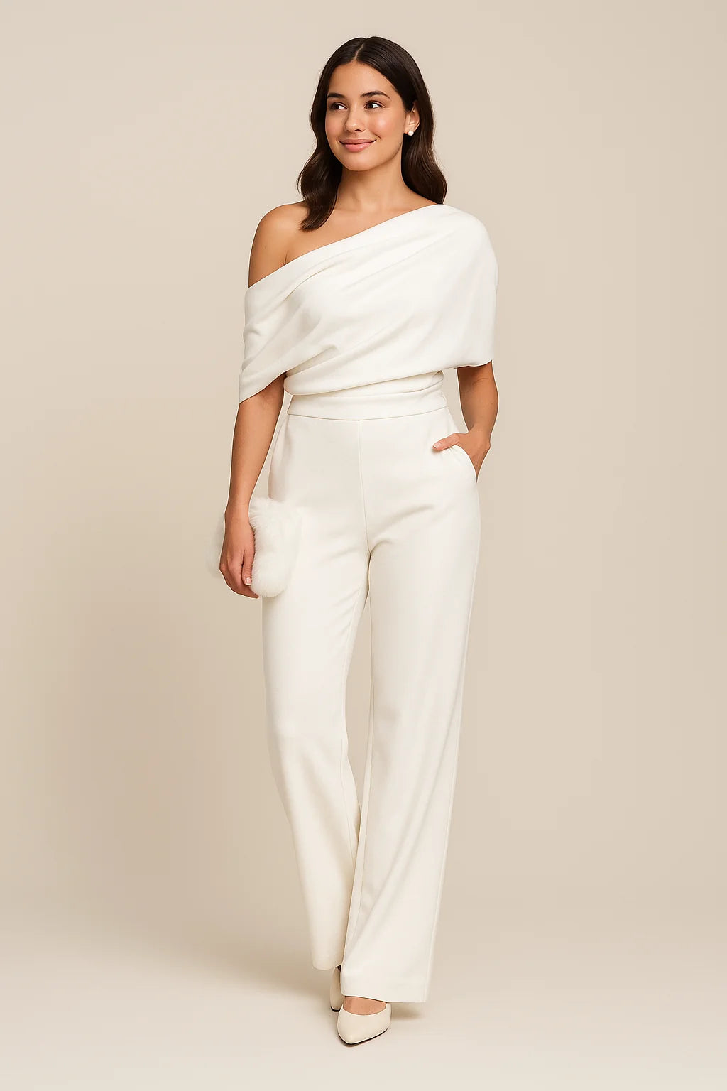 White Women's Off-Shoulder Summer Jumpsuit — Rita Wide Leg Elegant - Front Full