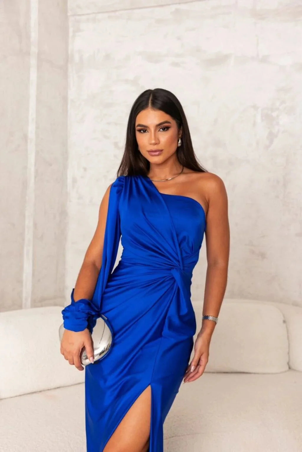 Electric Women's One Shoulder Drape Maxi Gown — Daphne Asymmetric Sleeve Elegant - Blue Front Stance