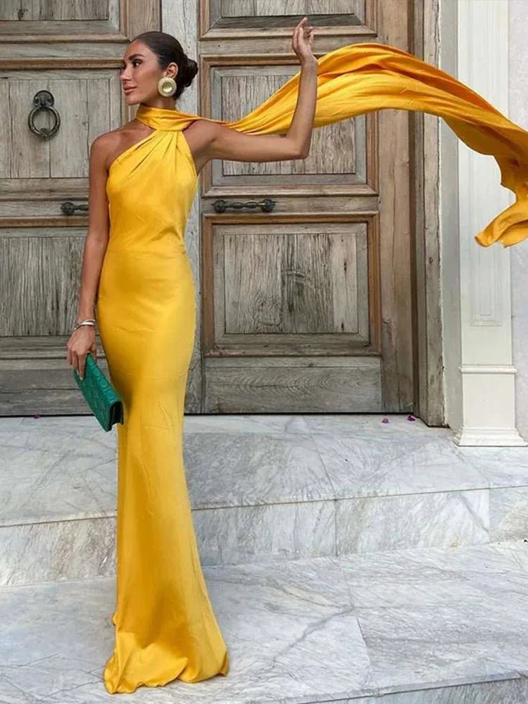 Chloe | Elegant One - Shoulder Mermaid Maxi Gown with Drape Detail - Yellow - 2