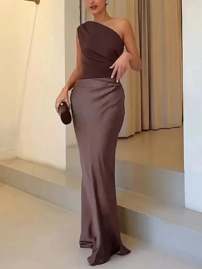 Brown Women's One Shoulder Pleated Maxi Dress — Raina Evening Party Formal - Front Angled