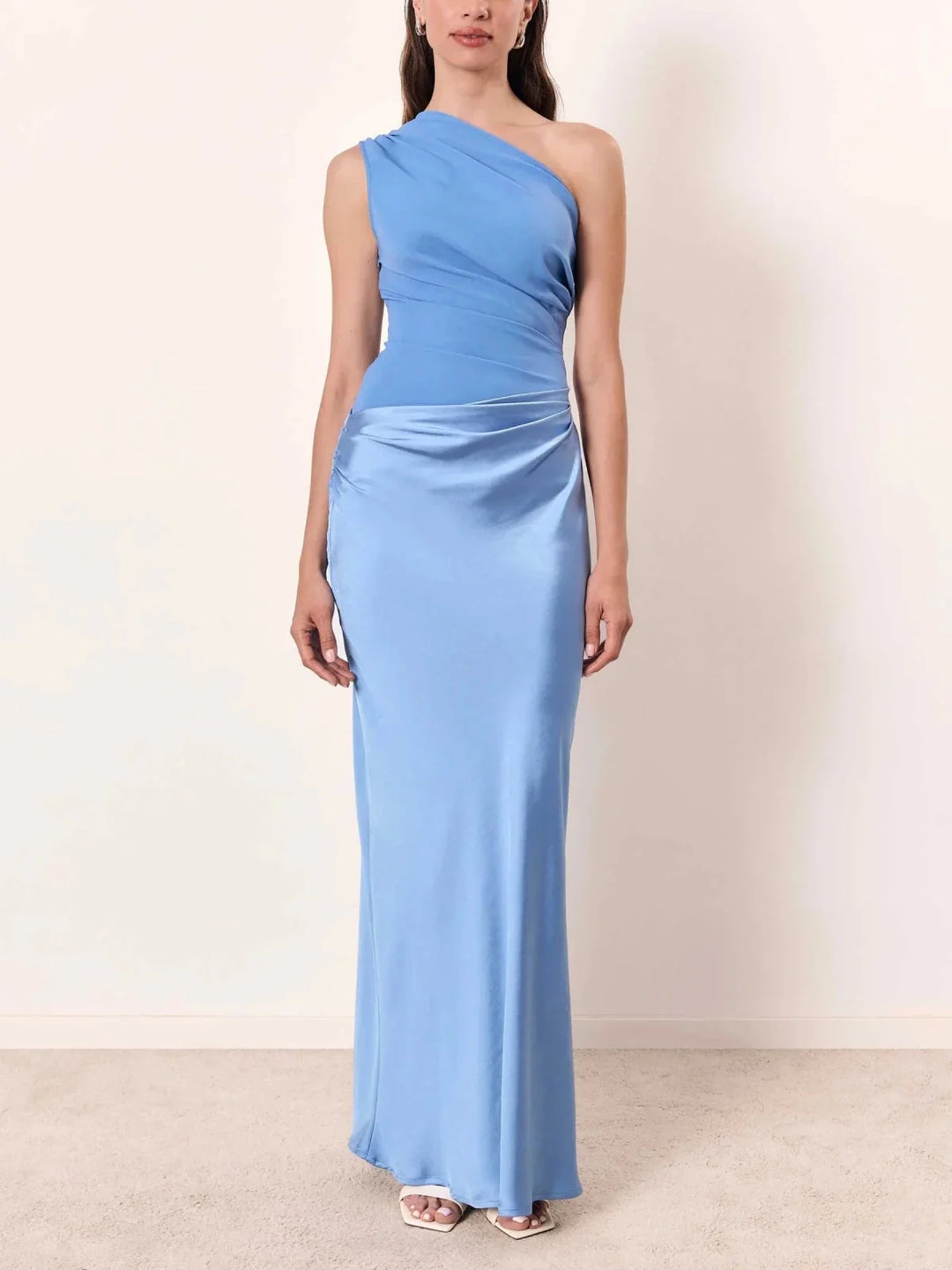 Light Blue Women's One Shoulder Pleated Maxi Dress — Raina Evening Party Formal - Full Length