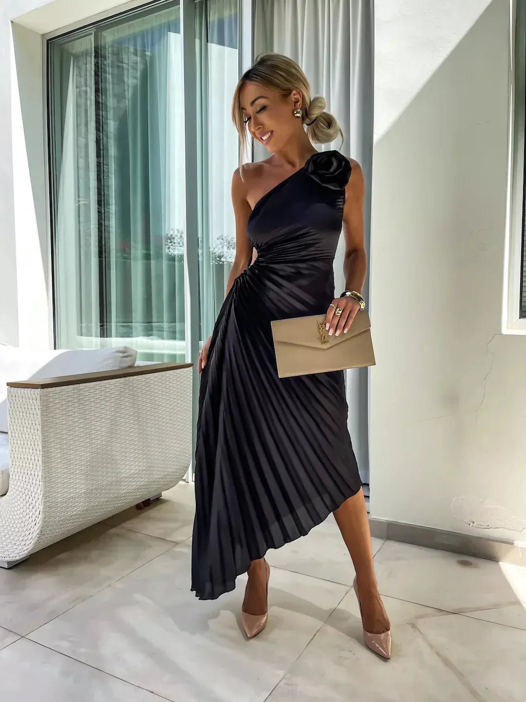 Sienna | Chic One Shoulder Off Pleated Midi Dress - Black - 8