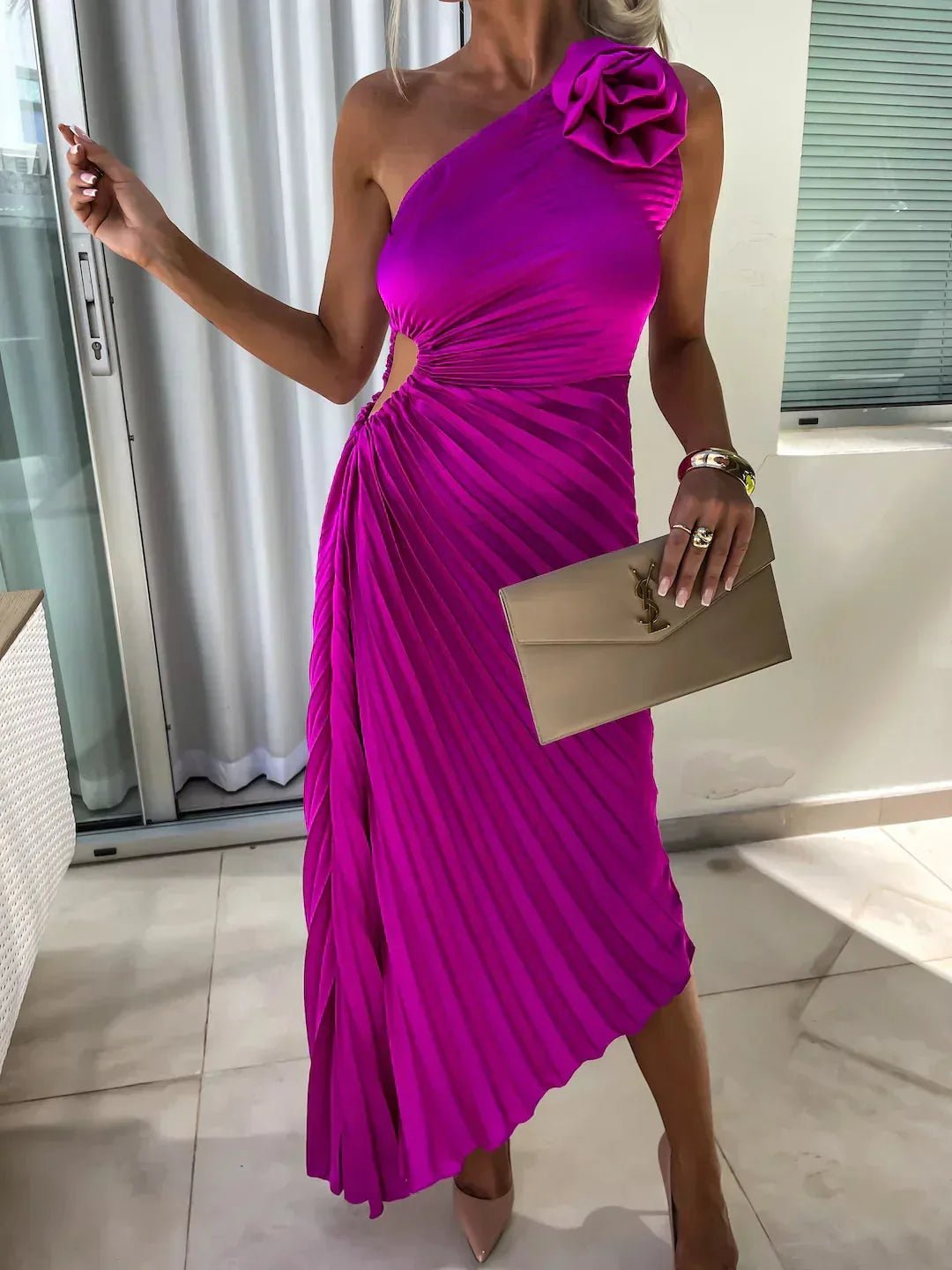 Sienna | Chic One Shoulder Off Pleated Midi Dress - Purple - 3