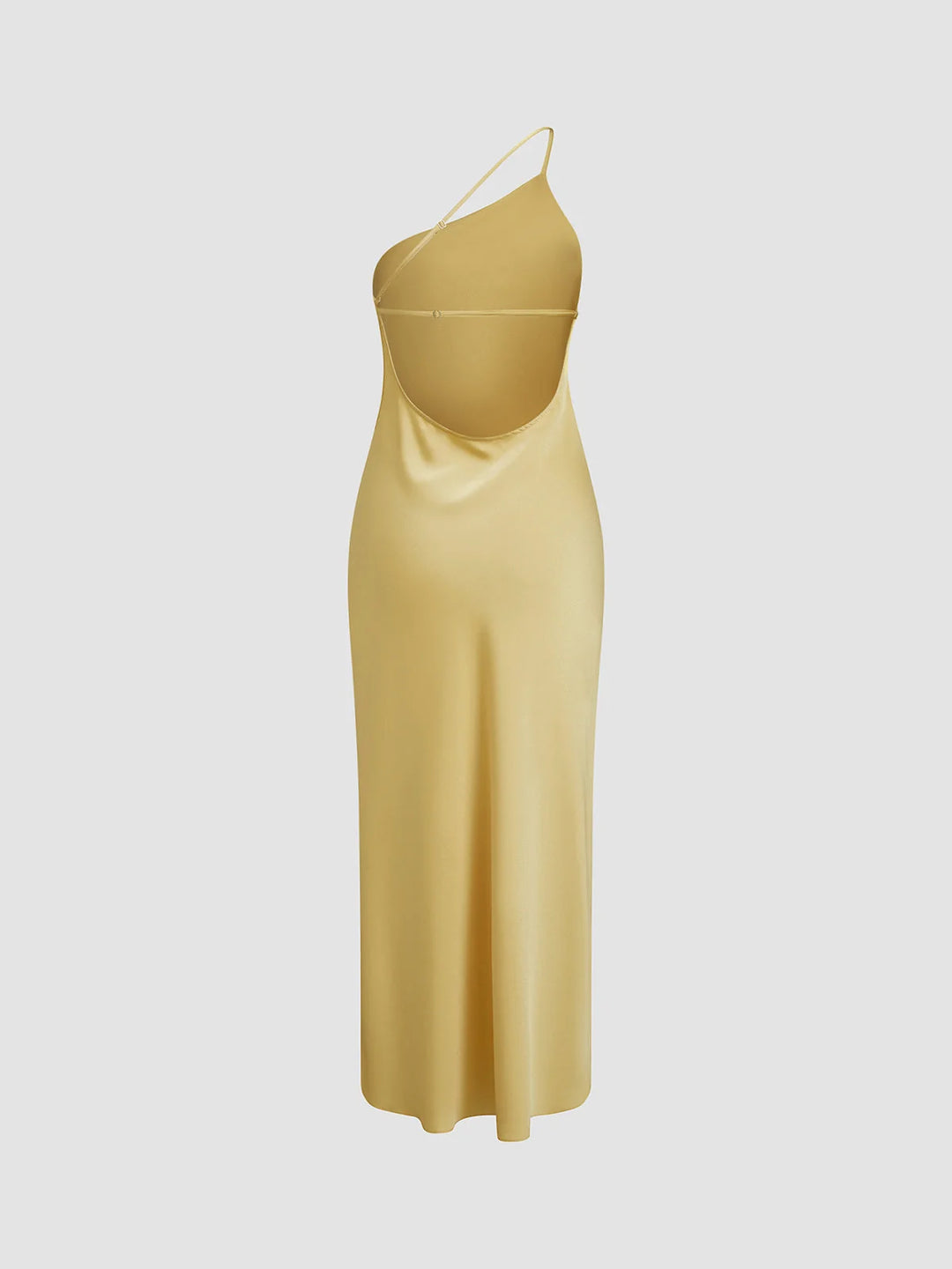 Yellow Women's Satin Maxi Dress Back Slit — Hermione One Shoulder Cut-Out - Side Studio