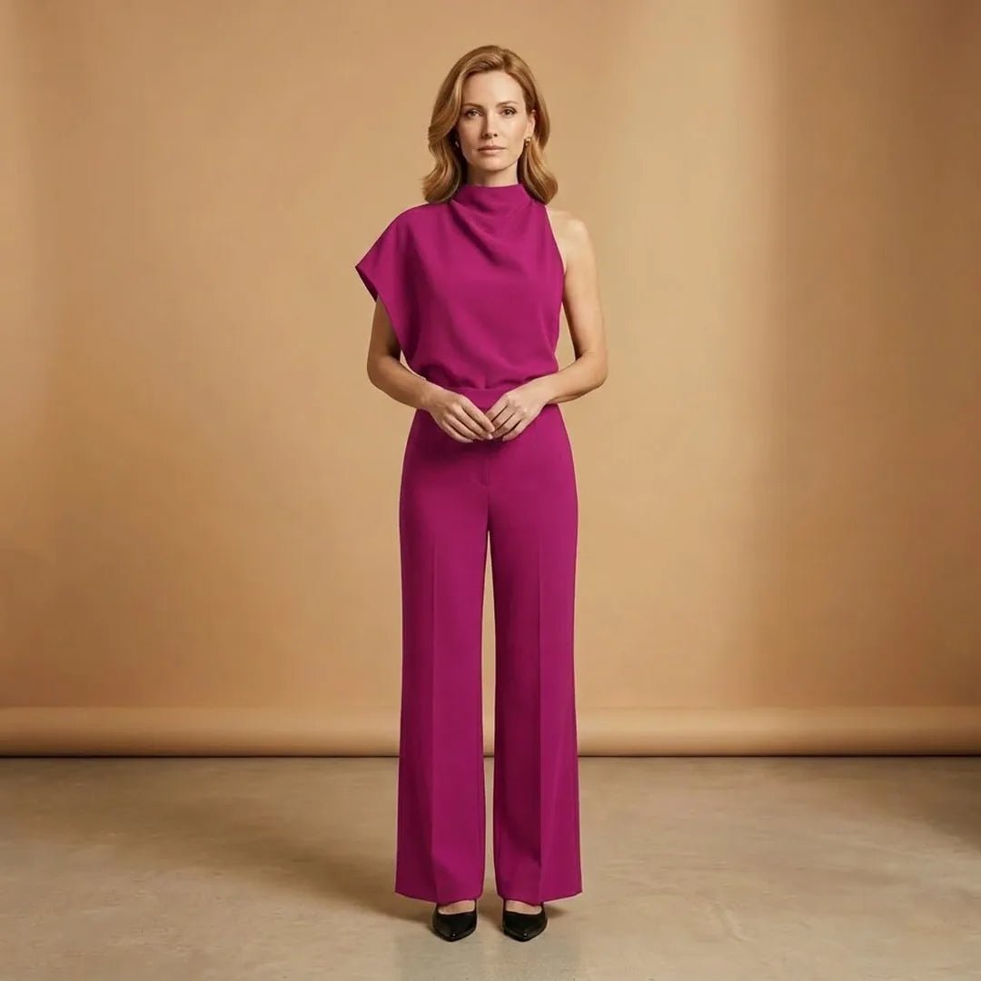 Celeste | Elegant One Shoulder Women's Jumpsuit with Wide Legs - Burgundy - 15