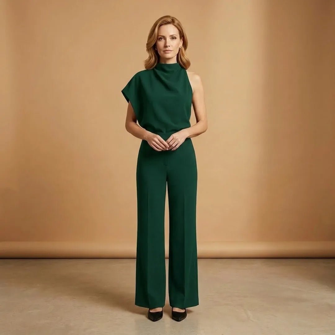 Celeste | Elegant One Shoulder Women's Jumpsuit with Wide Legs - Green - 14