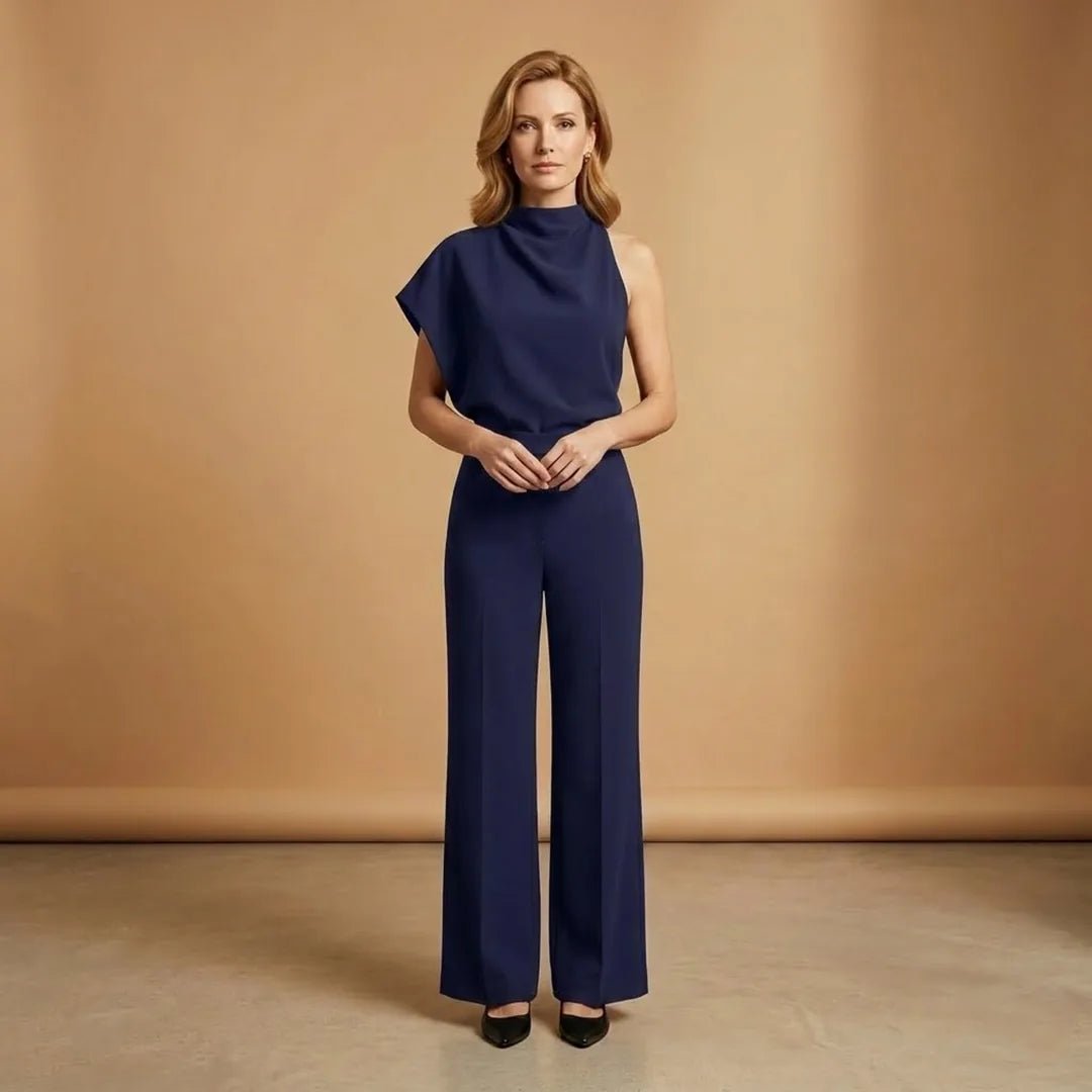 Celeste | Elegant One Shoulder Women's Jumpsuit with Wide Legs - Navy Blue - 13