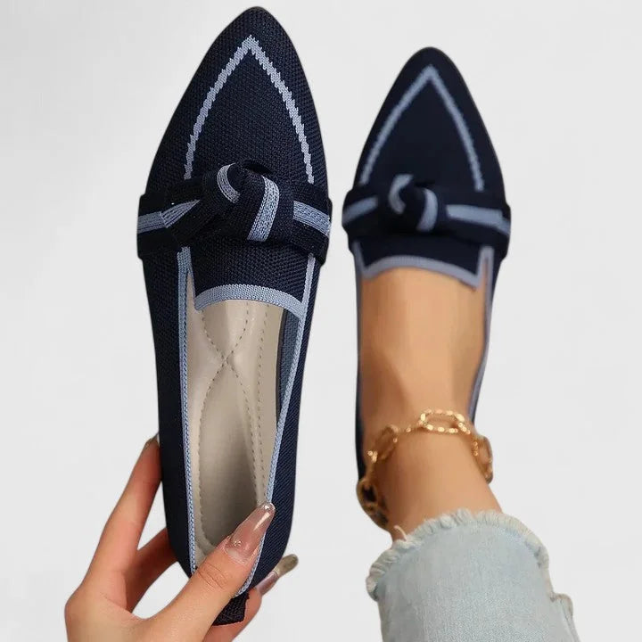 Navy Blue Stylish Orthopedic Loafers with Bow Detail - Close Up Detail