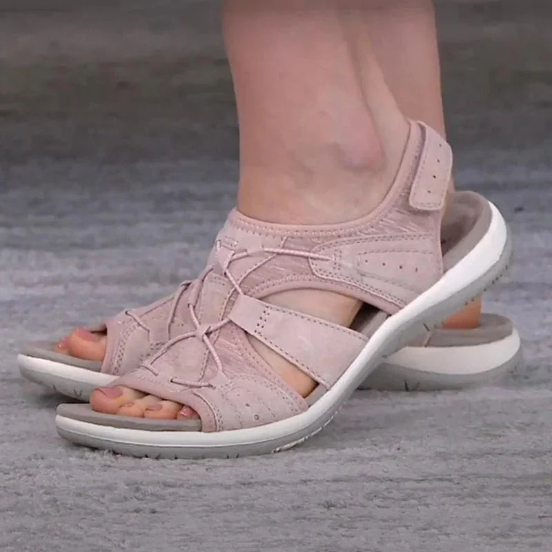 Pink Women's Orthopedic Sandals — Quinn Adjustable Closed-Toe Comfort - Walking Pose