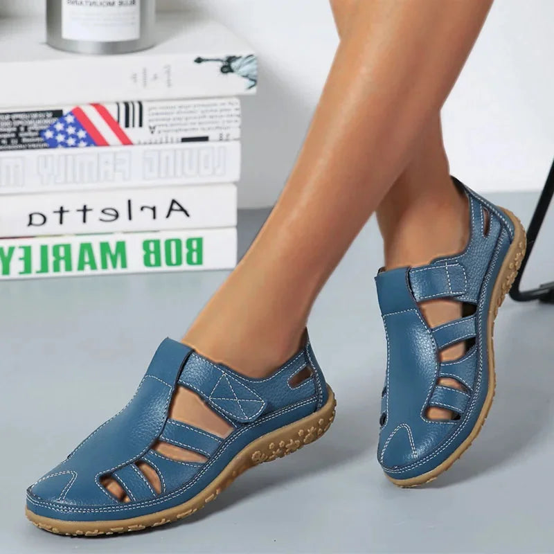 Blue Women's Orthopedic Non-Slip Sandals — Vanessa Cushioned Breathable T-Strap - Front Full