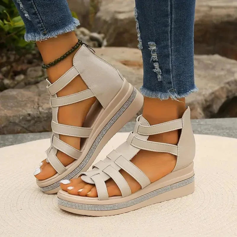 Beige Women's Orthopedic Sandals with Arch Support — Simone Platform Strappy - Front Full