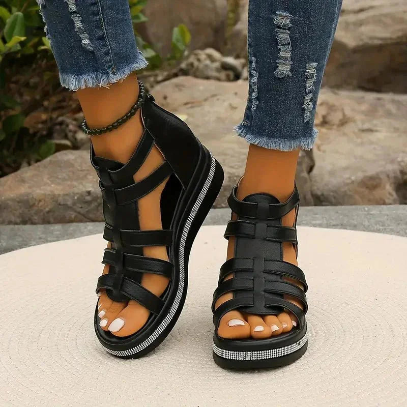 Black Women's Orthopedic Sandals with Arch Support — Simone Platform Strappy - Front Full