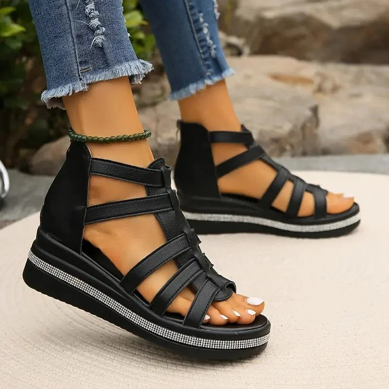 Black Women's Orthopedic Sandals with Arch Support — Simone Platform Strappy - Walking Pose